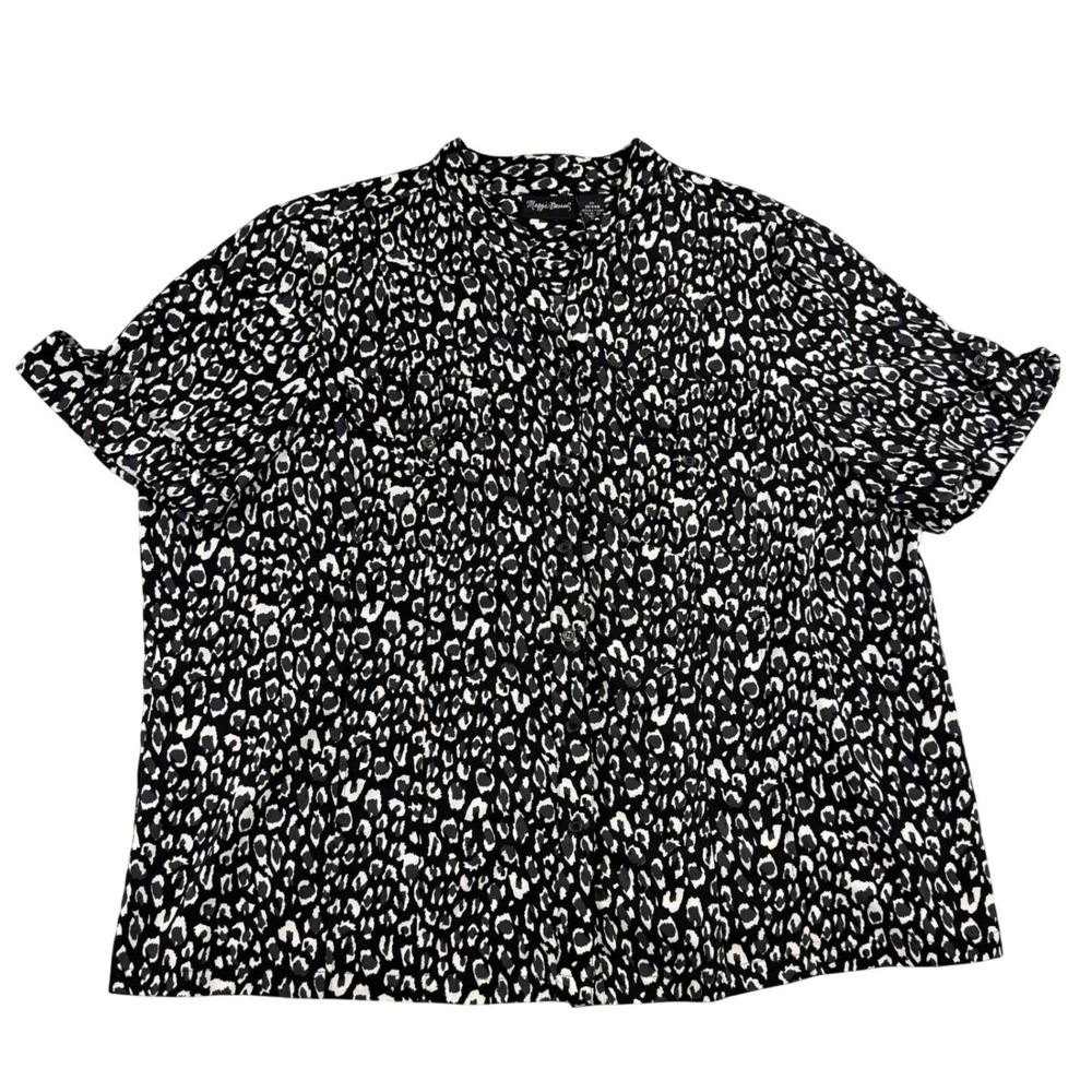 Maggie Barnes Womens 2X Leopard Print Short Sleeve Button Down Shirt Black White